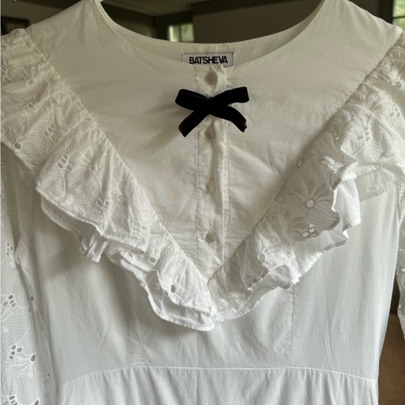 Batsheva White Ruffled Tiered Long Cotton Dress with Black Bow Medium US 6 - Picture 3 of 7